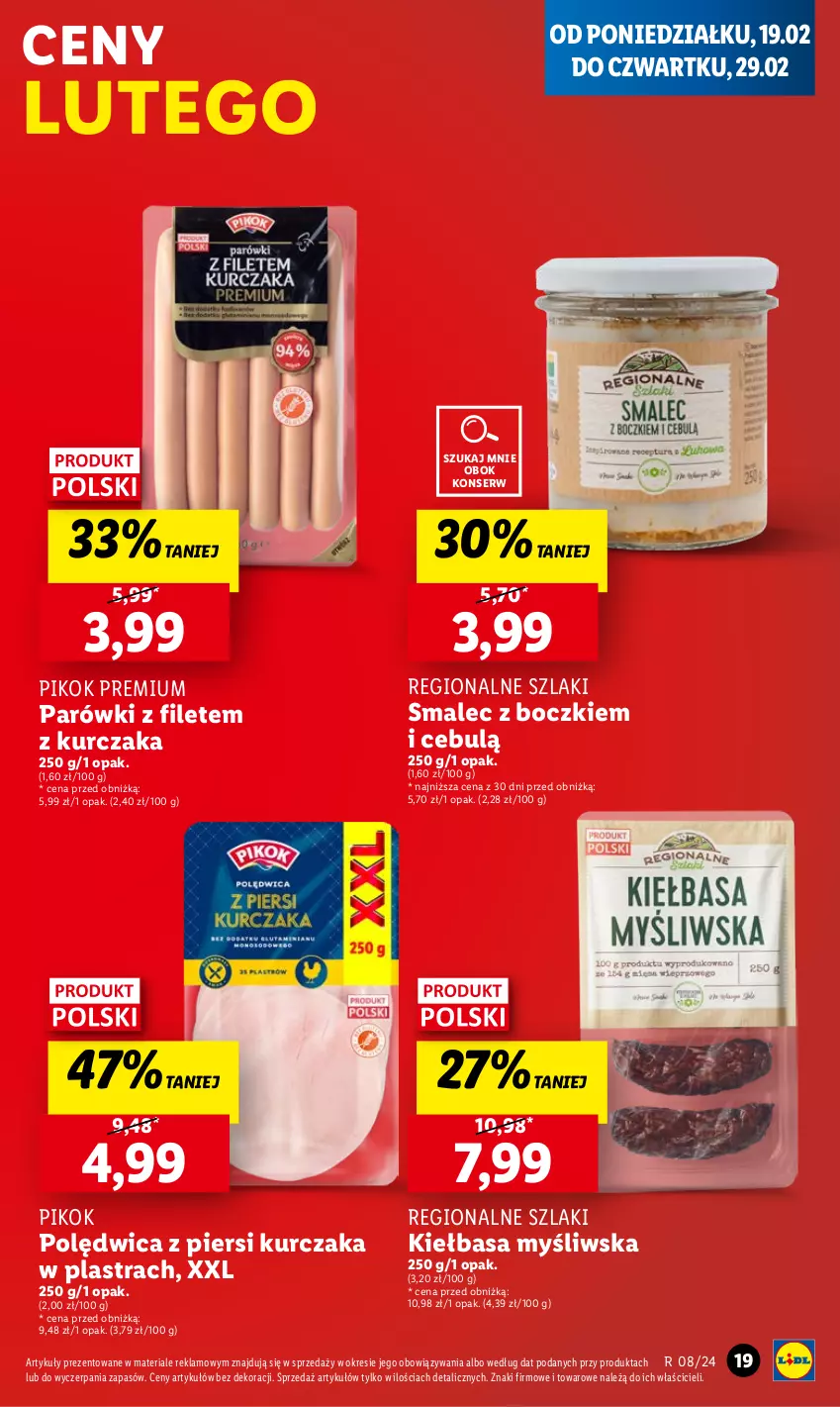 Gazetka promocyjna Lidl - GAZETKA - ważna 19.02 do 21.02.2024 - strona 21 - produkty: Kiełbasa, Kurczak, Parówki, PIKOK, Polędwica, Ser, Smalec