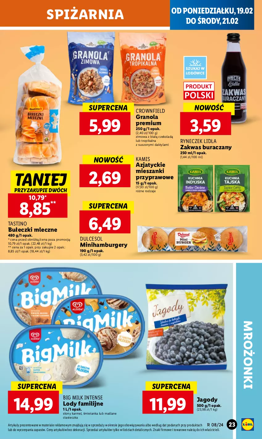 Gazetka promocyjna Lidl - GAZETKA - ważna 19.02 do 21.02.2024 - strona 25 - produkty: Big Milk, Bułeczki, Bułeczki mleczne, Burger, Fa, Gra, Granola, Hamburger, Jagody, Kamis, Lody