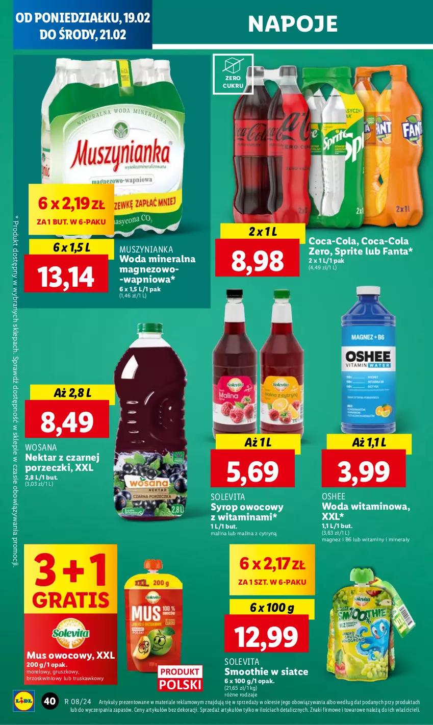 Gazetka promocyjna Lidl - GAZETKA - ważna 19.02 do 21.02.2024 - strona 42 - produkty: Coca-Cola, Fa, Fanta, Gra, Magnez, Mus, Muszynianka, Napoje, Nektar, Oshee, Por, Smoothie, Sprite, Syrop, Woda, Woda mineralna, Wosana