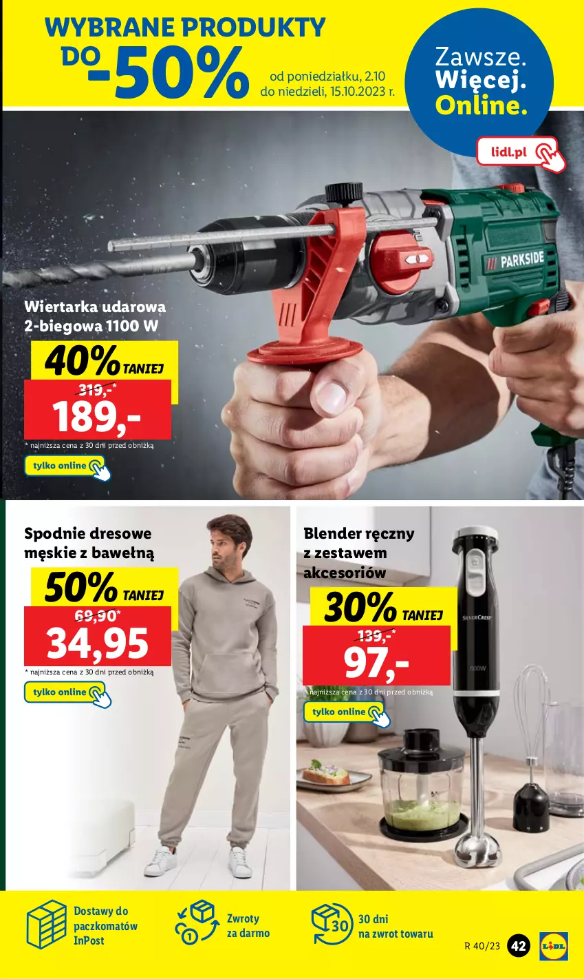 Gazetka promocyjna Lidl - GAZETKA - ważna 02.10 do 07.10.2023 - strona 47 - produkty: Blender, Blender ręczny, Dres, Spodnie, Spodnie dresowe, Tarka, Wiertarka, Wiertarka udarowa