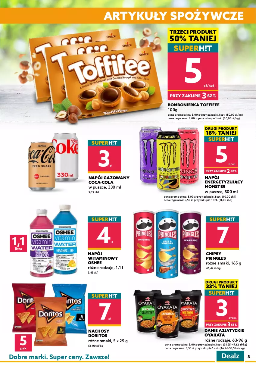 Gazetka promocyjna Dealz - WIELKIE OTWARCIE 27.04.2022Krotoszyn, Galeria Karuzela - ważna 27.04 do 11.05.2022 - strona 3 - produkty: Artykuły spożywcze, Bounty, Chipsy, Ciastka, Coca-Cola, Haribo, Herbata, HiPP, Kinder, Kinder Bueno, Mars, Napój, Napój gazowany, Oshee, Pringles, Toffifee, Torebka, Twix