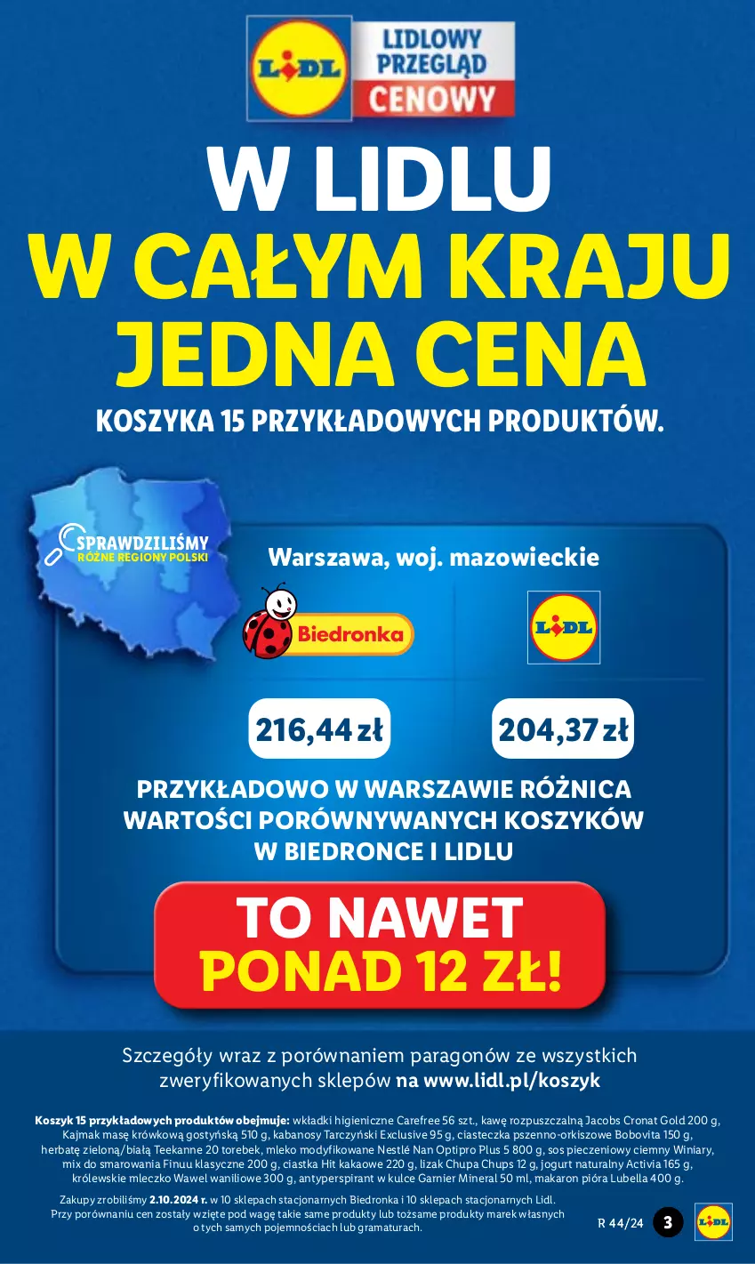 Gazetka promocyjna Lidl - GAZETKA - ważna 12.11 do 16.11.2024 - strona 3 - produkty: Activia, Antyperspirant, Bell, Bella, BoboVita, Carefree, Chupa Chups, Ciastka, Dron, Finuu, Garnier, Gra, Jacobs, Jogurt, Jogurt naturalny, Kabanos, Kakao, Kosz, Królewski, Królewskie Mleczko, Lubella, Makaron, Mleczko, Mleko, Mleko modyfikowane, NAN Optipro, Nestlé, Piec, Por, Rama, Sos, Sos pieczeniowy, Tarczyński, Teekanne, Wawel, Winiary, Wkładki