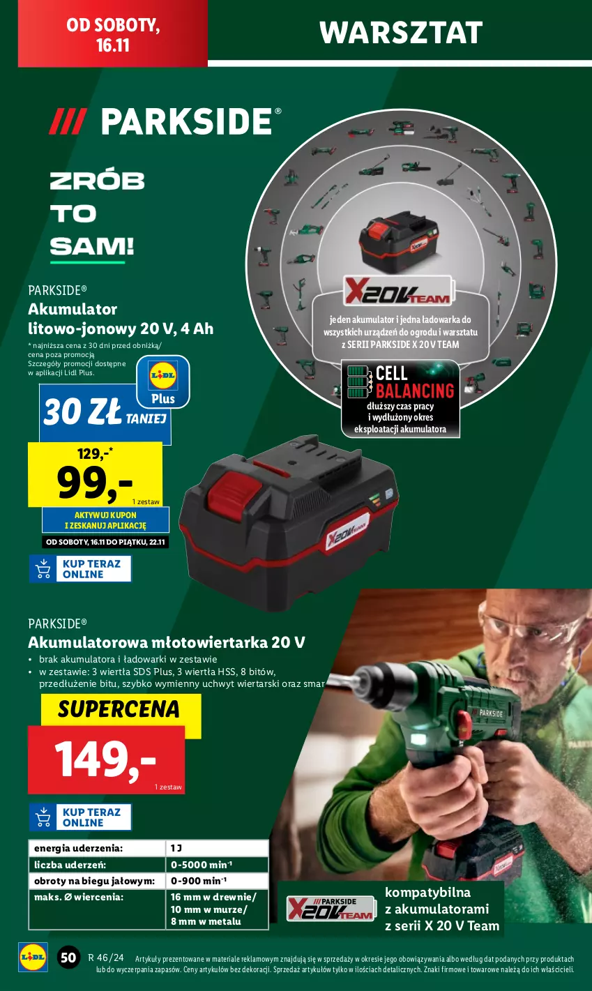 Gazetka promocyjna Lidl - GAZETKA - ważna 12.11 do 16.11.2024 - strona 54 - produkty: Akumulator, Młot, Młotowiertarka, Parkside, Ser, Tarka, Warka, Wiertarka