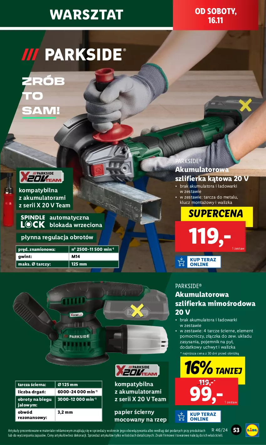 Gazetka promocyjna Lidl - GAZETKA - ważna 12.11 do 16.11.2024 - strona 57 - produkty: Akumulator, Papier, Papier ścierny, Parkside, Pojemnik, Ser, Szlifierka, Szlifierka kątowa, Walizka