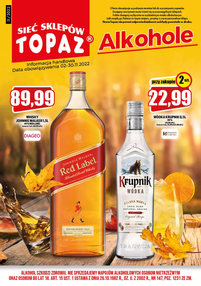 Gazetka promocyjna Topaz - Gazetka - ważna 02.11 do 30.11.2022 - strona 1 - produkty: Gra, Johnnie Walker, Krupnik, Pur, Top, Whisky, Wódka