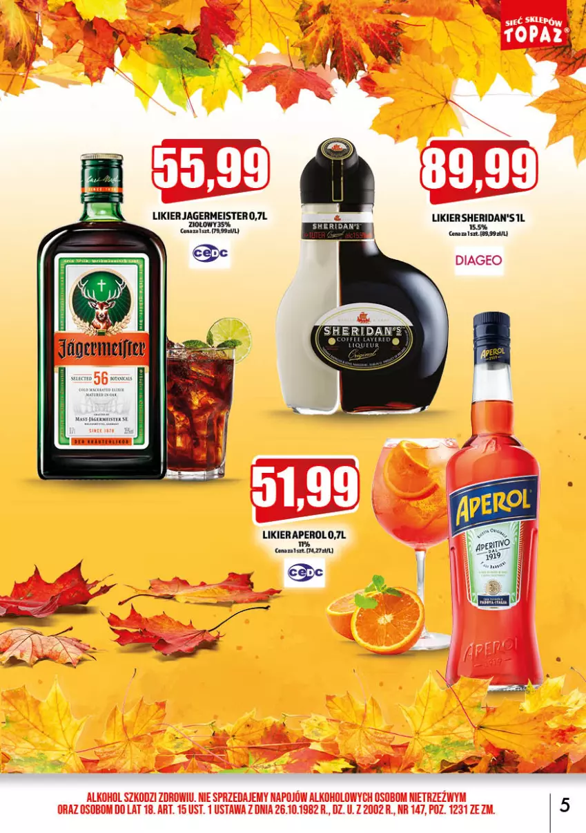 Gazetka promocyjna Topaz - Gazetka - ważna 02.11 do 30.11.2022 - strona 5 - produkty: Aperol, Jagermeister, Likier, Sheridan's