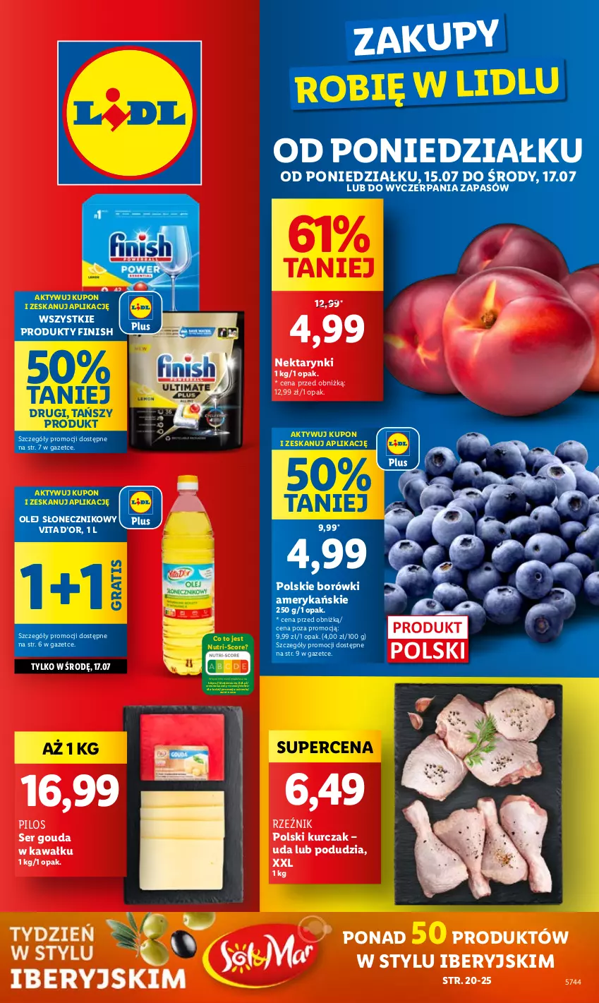 Gazetka promocyjna Lidl - GAZETKA - ważna 15.07 do 17.07.2024 - strona 1 - produkty: Finish, Gouda, Gra, Kawa, Kurczak, Nektar, Olej, Olej słonecznikowy, Pilos, Ser, Wazon