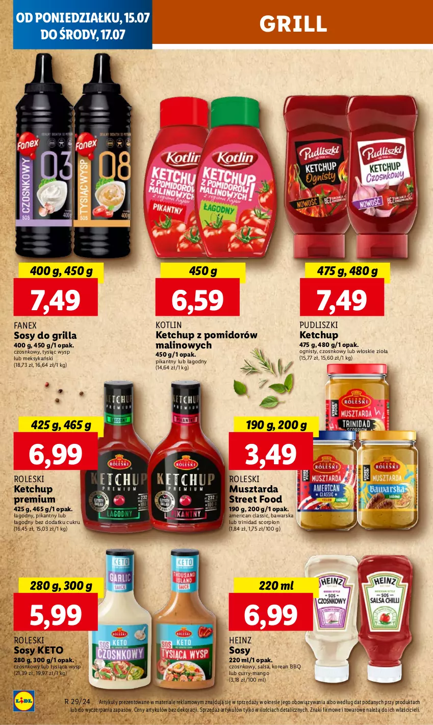 Gazetka promocyjna Lidl - GAZETKA - ważna 15.07 do 17.07.2024 - strona 18 - produkty: Fa, Grill, Heinz, Ketchup, Kotlin, Mango, Mus, Musztarda, Pudliszki, Salsa, Sos