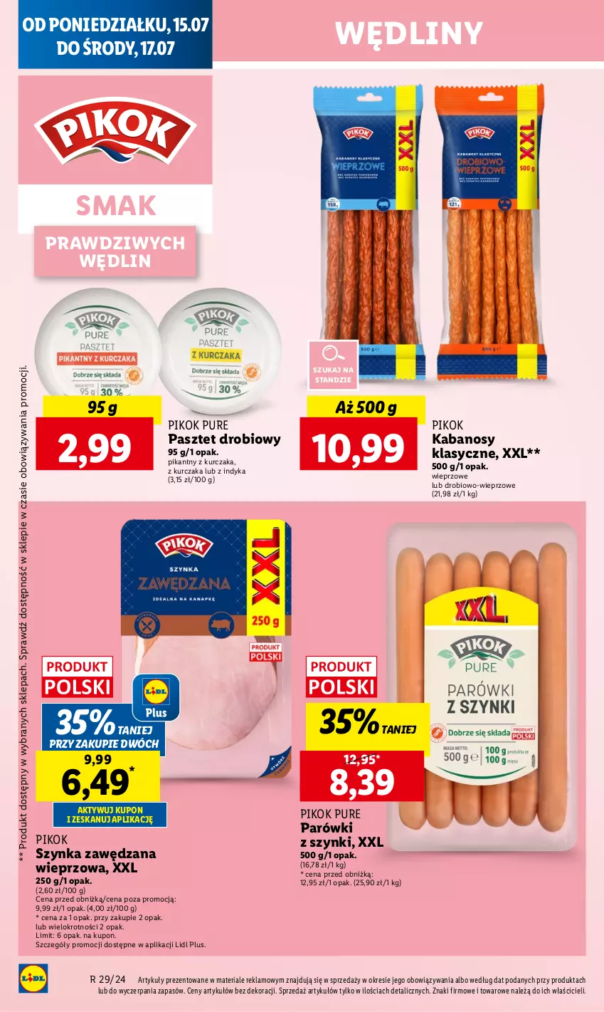 Gazetka promocyjna Lidl - GAZETKA - ważna 15.07 do 17.07.2024 - strona 24 - produkty: Kabanos, Kurczak, Parówki, Parówki z szynki, Pasztet, PIKOK, Pur, Szynka