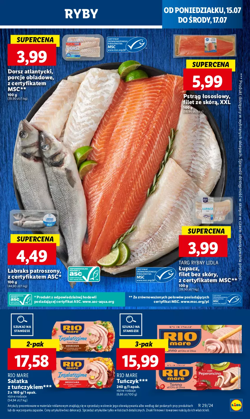 Gazetka promocyjna Lidl - GAZETKA - ważna 15.07 do 17.07.2024 - strona 25 - produkty: Dorsz, Por, Pstrąg, Pstrąg łososiowy, Rio Mare, Sałat, Sałatka, Sos, Tuńczyk