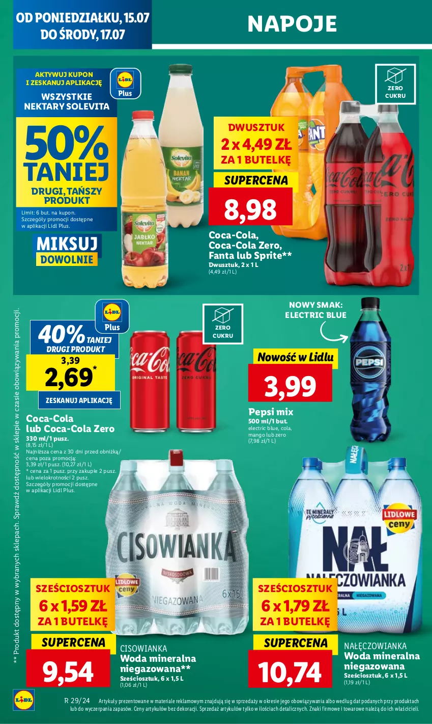 Gazetka promocyjna Lidl - GAZETKA - ważna 15.07 do 17.07.2024 - strona 34 - produkty: Cisowianka, Coca-Cola, Fa, Fanta, Mango, Nałęczowianka, Napoje, Nektar, Pepsi, Sprite, Woda, Woda mineralna