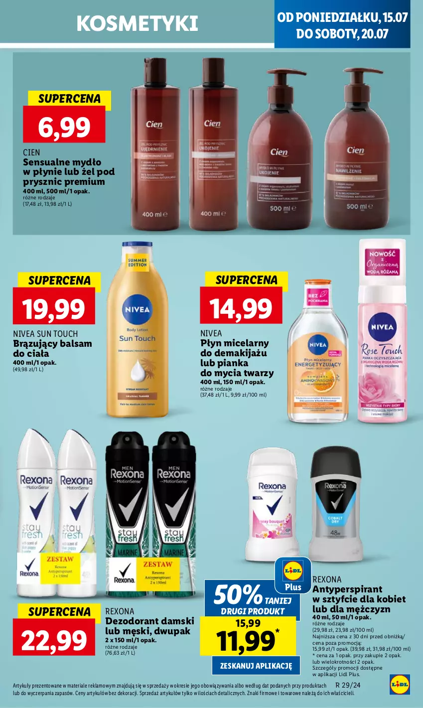 Gazetka promocyjna Lidl - GAZETKA - ważna 15.07 do 17.07.2024 - strona 47 - produkty: Antyperspirant, Balsam do ciała, Dezodorant, Makijaż, Mydło, Mydło w płynie, Nivea, Pianka do mycia twarzy, Płyn micelarny, Rexona, Sensual