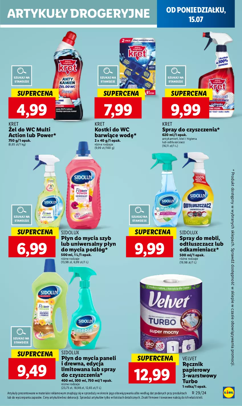 Gazetka promocyjna Lidl - GAZETKA - ważna 15.07 do 17.07.2024 - strona 49 - produkty: Kret, Odkamieniacz, Odtłuszczacz, Papier, Płyn do mycia, Płyn do mycia paneli, Płyn do mycia podłóg, Ręcznik, Sidolux, Spray do czyszczenia, Velvet