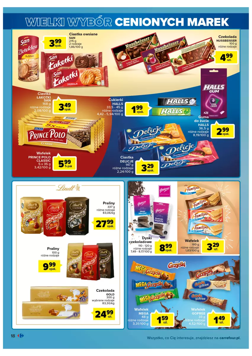 Gazetka promocyjna Carrefour - Gazetka Market - ważna 31.05 do 11.06.2022 - strona 18 - produkty: Ciastka, Ciastka owsiane, Cukier, Cukierki, Czekolada, Delicje, Halls, Migdały, Praliny, Prince Polo, Ser