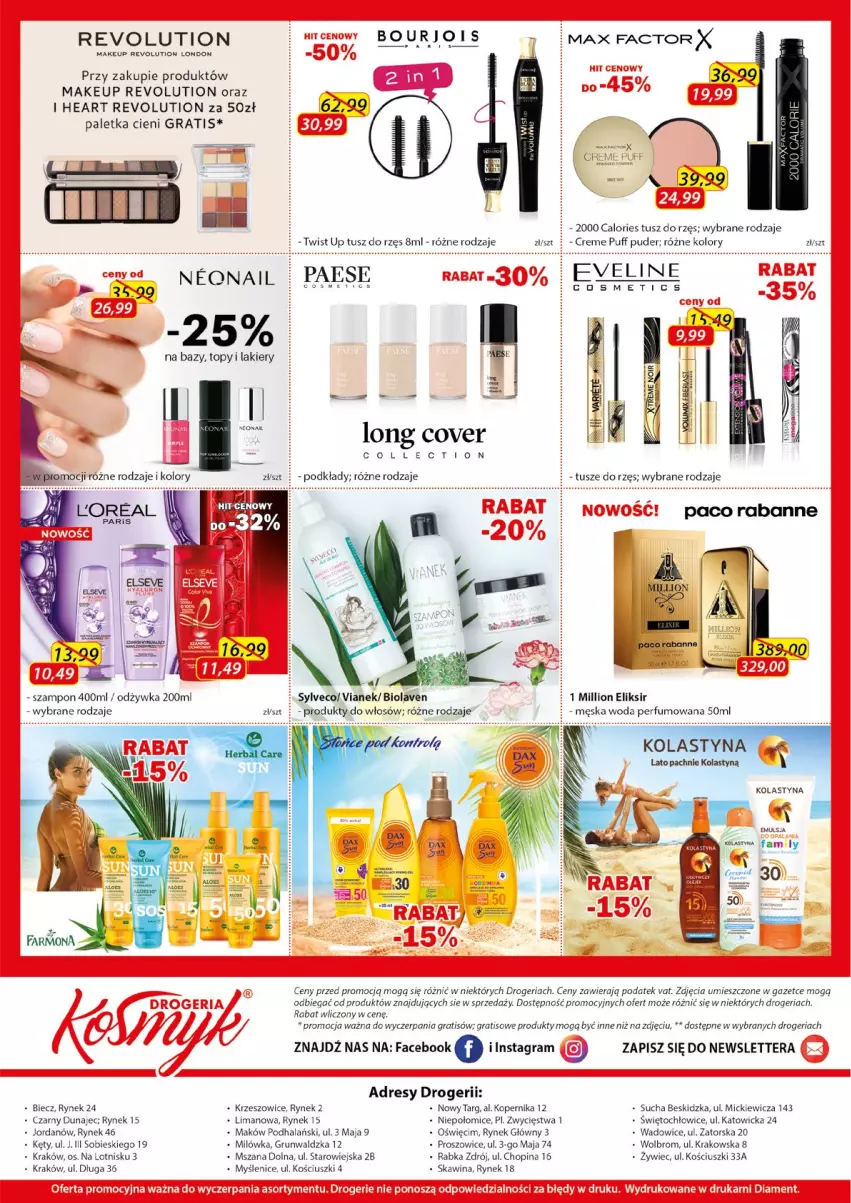 Gazetka promocyjna Kosmyk - Gazetka - ważna 09.05 do 31.05.2022 - strona 6 - produkty: Bourjois, Dres, Emulsja, Eveline, Fa, Gra, Lakier, Lion, Max Factor, NeoNail, Odżywka, Paco Rabanne, PAESE, Paletka cieni, Perfum, Podkład, Puder, Puf, Szampon, Tera, Top, Tusz, Woda, Woda perfumowana