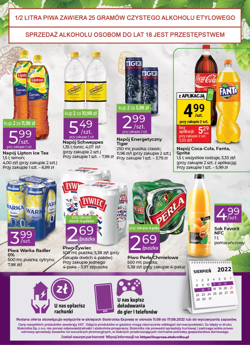 Gazetka promocyjna Stokrotka - Stokrotka Express - ważna 11.08 do 17.08.2022 - strona 4 - produkty: Coca-Cola, Fa, Fanta, Gra, Ice tea, Lipton, Napój, Napój energetyczny, Piwa, Radler, Sok, Sprite, Telefon, Tiger, Warka