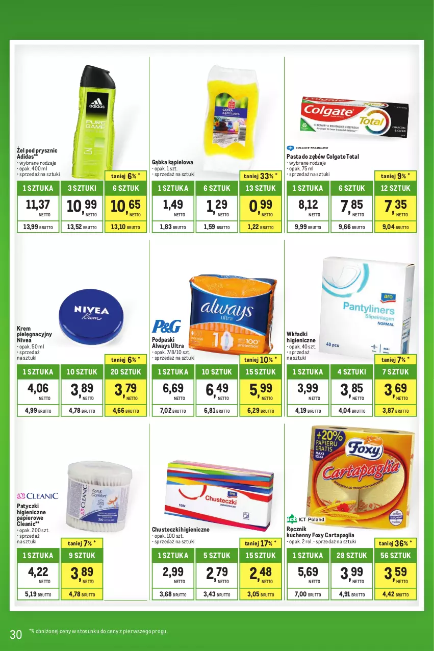 Gazetka promocyjna Makro - Kupujesz więcej płacisz mniej - ważna 01.06 do 30.06.2023 - strona 30 - produkty: Adidas, Always, Always Ultra, Chusteczki, Cleanic, Colgate, Colgate Total, Foxy, LG, Nivea, Papier, Pasta do zębów, Podpaski, Ręcznik, Ręcznik kuchenny, Wkładki