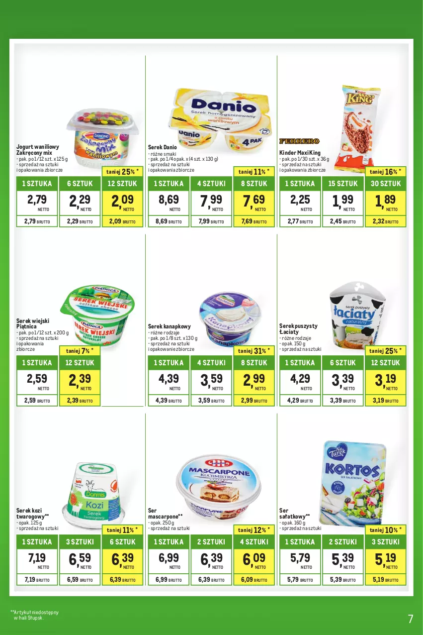 Gazetka promocyjna Makro - Kupujesz więcej płacisz mniej - ważna 01.06 do 30.06.2023 - strona 7 - produkty: Danio, Jogurt, Kinder, Mascarpone, Piątnica, Sałat, Ser, Serek, Serek kanapkowy, Serek puszysty, Serek wiejski