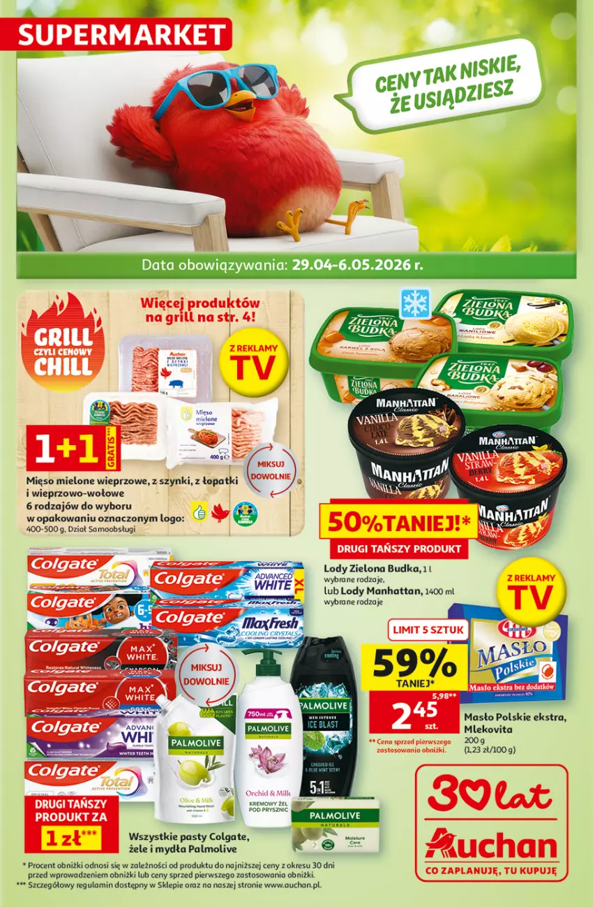 Gazetka promocyjna Auchan - Gazetka 30 Lat Supermarket Auchan - ważna 29.04 do 06.05.2026 - strona 1 - produkty: Colgate, LG, Lody, Masło, Mięso, Mięso mielone, Mleko, Mlekovita, Palmolive, Sos, Zielona Budka