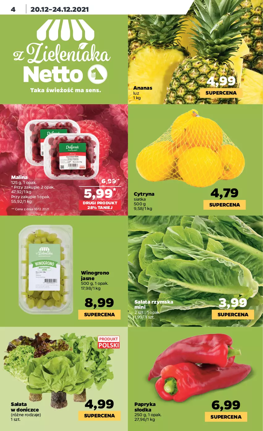 Gazetka promocyjna Netto - Gazetka spożywcza - ważna 20.12 do 24.12.2021 - strona 4 - produkty: Ananas, Papryka, Papryka słodka, Sałat, Siatka, Wino