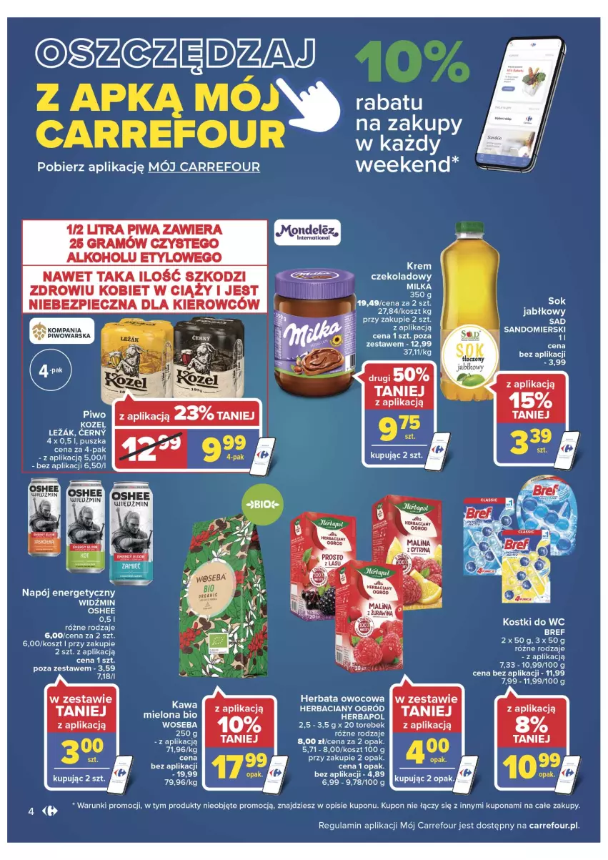 Gazetka promocyjna Carrefour - Gazetka Dla naszych skarbów - ważna 15.02 do 26.02.2022 - strona 4 - produkty: Bref, Herbata, Herbata owocowa, Kawa, Kawa mielona, Kosz, Napój, Napój energetyczny, Ogród, Oshee, Piwa, Piwo, Sok, Sok jabłkowy, Woseba