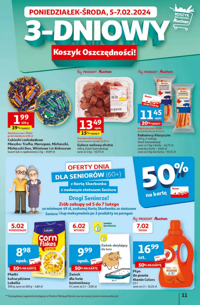 Gazetka promocyjna Auchan - Gazetka Świat Pełen Smaku Hipermarket Auchan - ważna 01.02 do 07.02.2024 - strona 11 - produkty: Bell, Bella, Cukier, Cukierki, Cukierki czekoladowe, Gulasz wołowy, Kabanos, Kokos, Kosz, Lubella, Stół