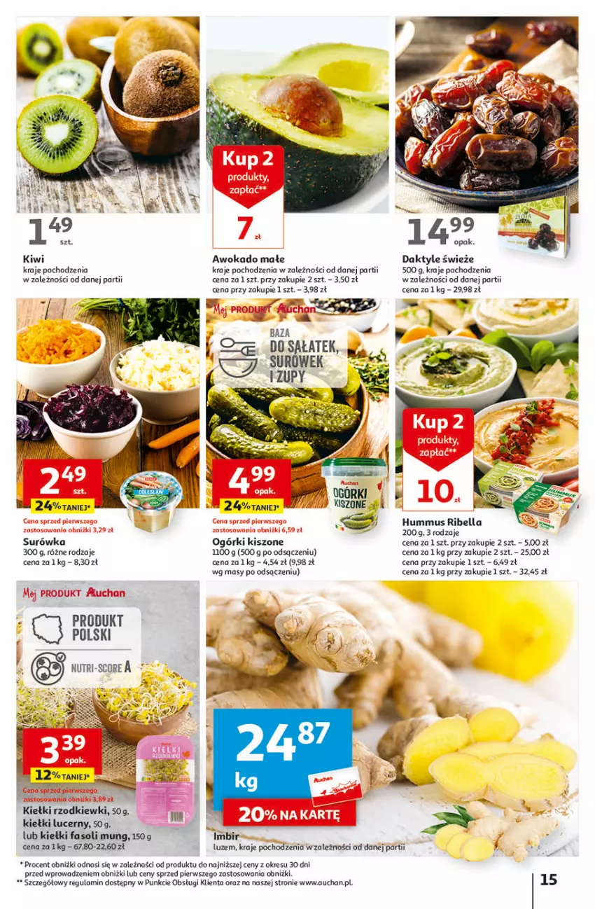 Gazetka promocyjna Auchan - Gazetka Świat Pełen Smaku Hipermarket Auchan - ważna 01.02 do 07.02.2024 - strona 15 - produkty: Bell, Bella, Daktyle, Fa, Fasoli mung, Hummus, Kiełki, Kiwi, Mus, Surówka