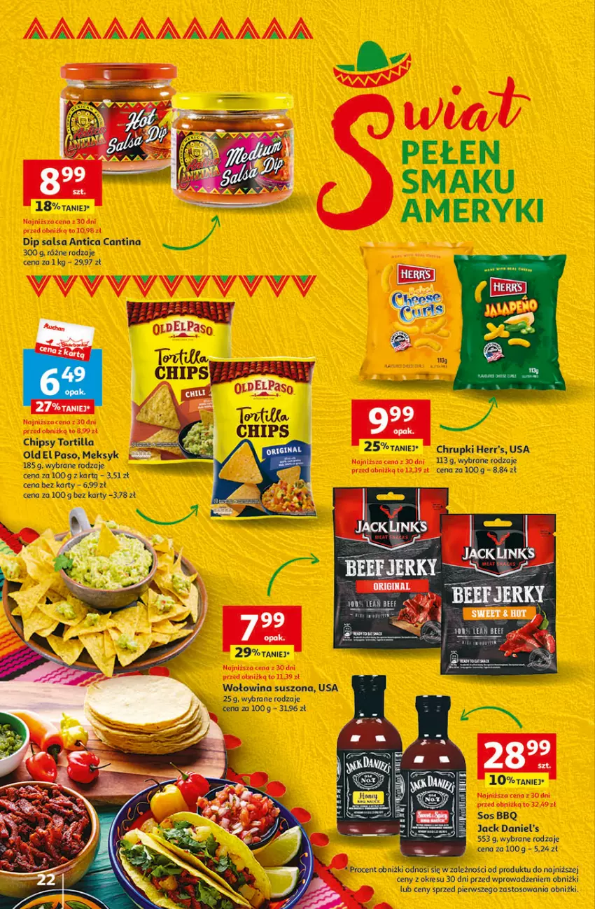 Gazetka promocyjna Auchan - Gazetka Świat Pełen Smaku Hipermarket Auchan - ważna 01.02 do 07.02.2024 - strona 22 - produkty: Chipsy, Chrupki, Jack Daniel's, Salsa, Sos, Tortilla, Wołowina