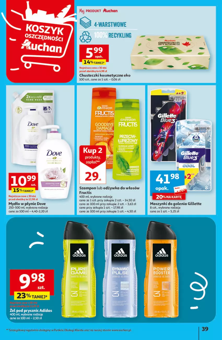 Gazetka promocyjna Auchan - Gazetka Świat Pełen Smaku Hipermarket Auchan - ważna 01.02 do 07.02.2024 - strona 39 - produkty: Adidas, Chusteczki, Chusteczki kosmetyczne, Cynk, Danone, Dove, Fructis, Garnier, Gillette, Mydło, Mydło w płynie, Odżywka, Szampon