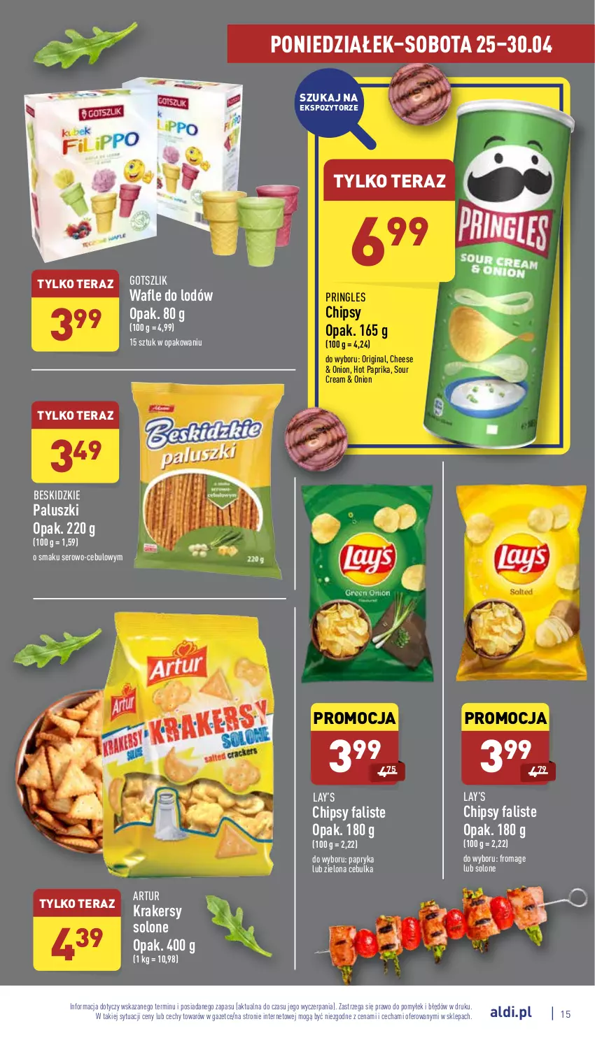 Gazetka promocyjna Aldi - Pełny katalog - ważna 25.04 do 30.04.2022 - strona 15 - produkty: Artur, Beskidzki, Beskidzkie paluszki, Chipsy, Fa, Gin, Krakersy, Lay’s, Papryka, Pringles, Ser, Tera, Wafle, Wafle do lodów