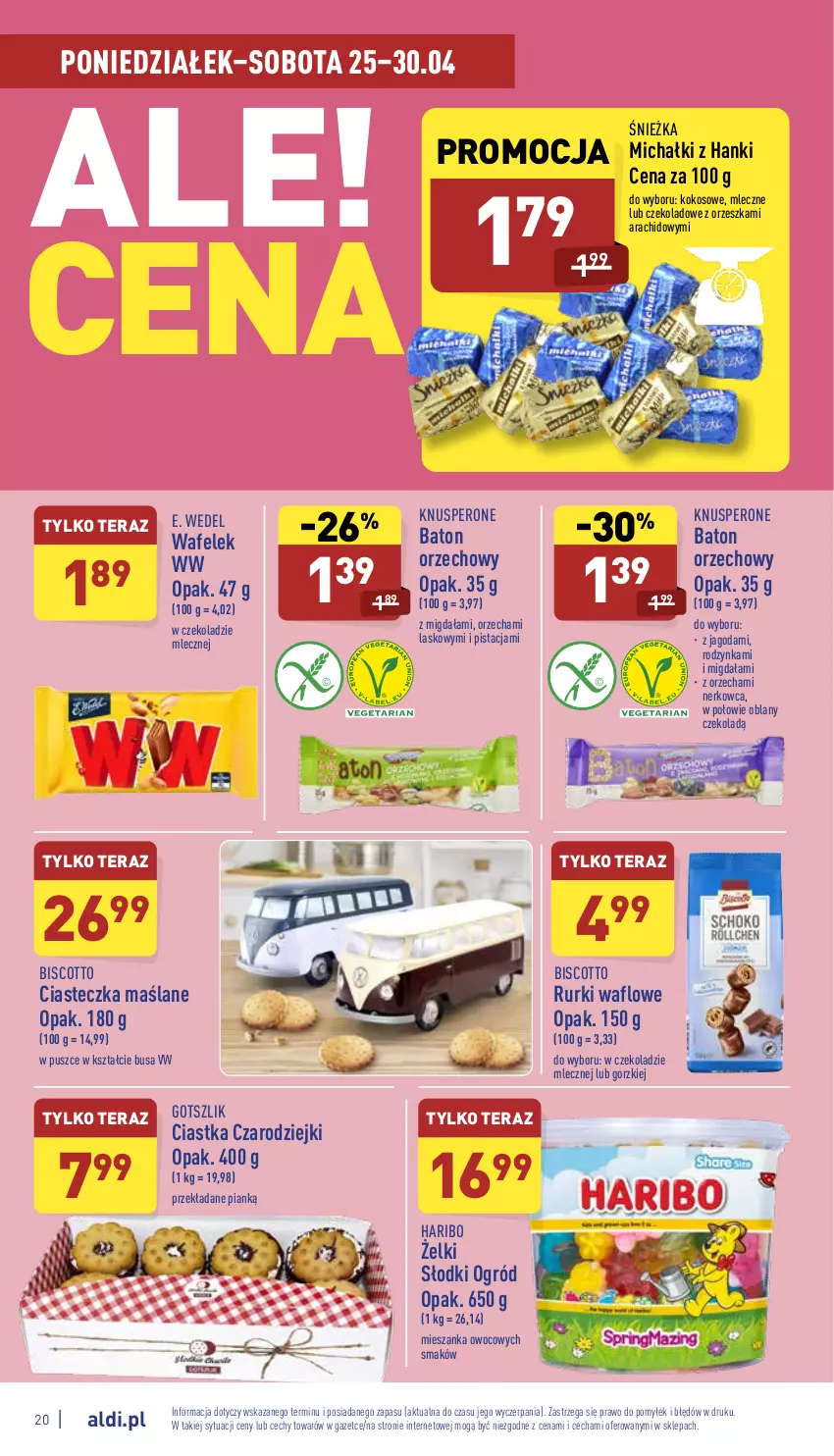 Gazetka promocyjna Aldi - Pełny katalog - ważna 25.04 do 30.04.2022 - strona 20 - produkty: Baton, Ciastka, E. Wedel, Haribo, Kokos, Michałki, Ogród, Rurki, Tera, Wafelek