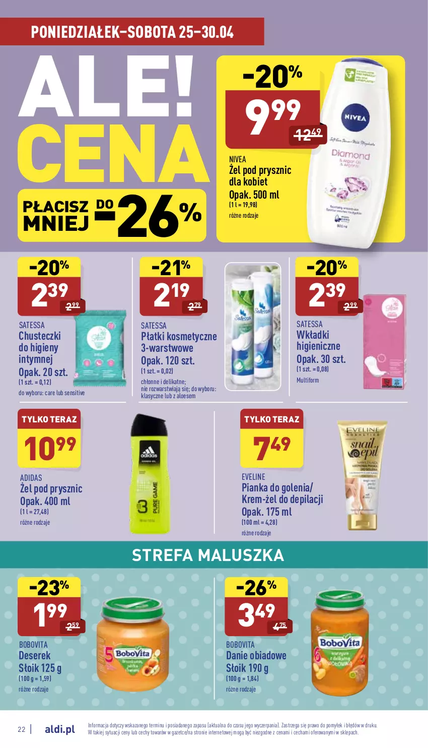 Gazetka promocyjna Aldi - Pełny katalog - ważna 25.04 do 30.04.2022 - strona 22 - produkty: Adidas, BoboVita, Chusteczki, Chusteczki do higieny, Deser, Eveline, Fa, Nivea, Pianka do golenia, Płatki kosmetyczne, Ser, Serek, Tera, Wkładki