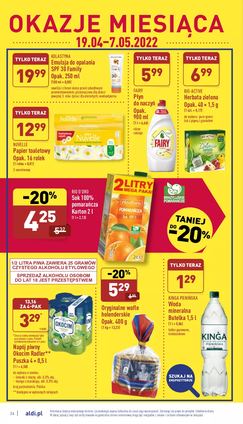 Gazetka promocyjna Aldi - Pełny katalog - ważna 25.04 do 30.04.2022 - strona 24 - produkty: Dzieci, Emulsja, Fa, Fairy, Gin, Gra, Granat, Herbata, Koc, Mango, Napój, Okocim, Papier, Papier toaletowy, Piwa, Por, Pur, Radler, Sok, Tera, Wafle, Woda, Woda mineralna