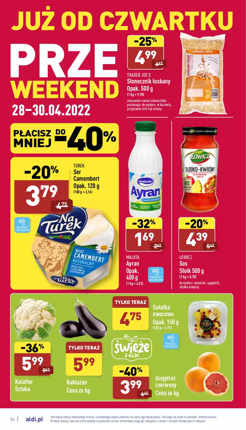 Gazetka promocyjna Aldi - Pełny katalog - ważna 25.04 do 30.04.2022 - strona 26 - produkty: Camembert, Grejpfrut, Kalafior, Sałat, Sałatka, Ser, Sos, Spaghetti, Tera