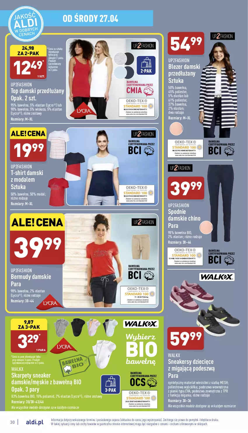 Gazetka promocyjna Aldi - Pełny katalog - ważna 25.04 do 30.04.2022 - strona 30 - produkty: Bermudy, Blezer damski, Dzieci, Fa, Karp, Moda, Sneakersy, Spodnie, T-shirt, Top, Wełna