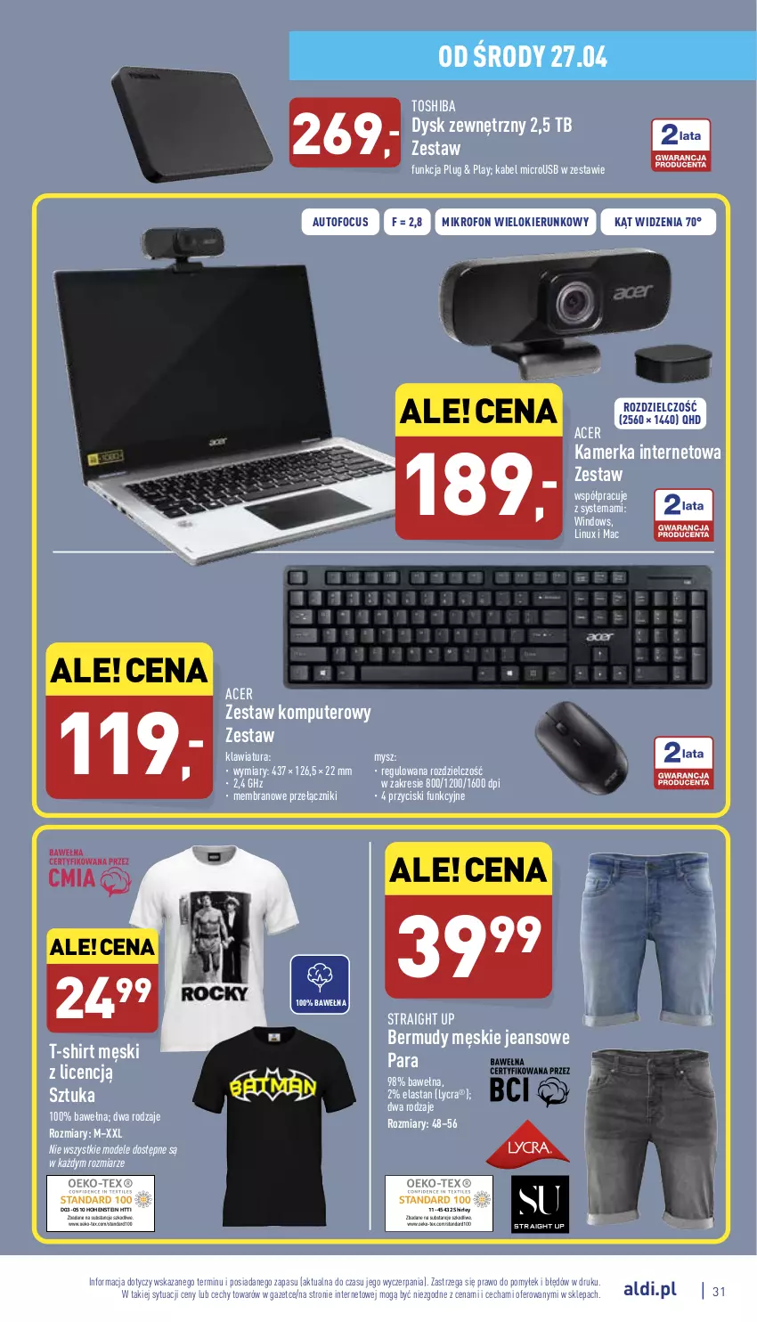 Gazetka promocyjna Aldi - Pełny katalog - ważna 25.04 do 30.04.2022 - strona 31 - produkty: Acer, Bermudy, Klawiatura, Komputer, Mikrofon, Mysz, T-shirt, Toshiba, Wełna