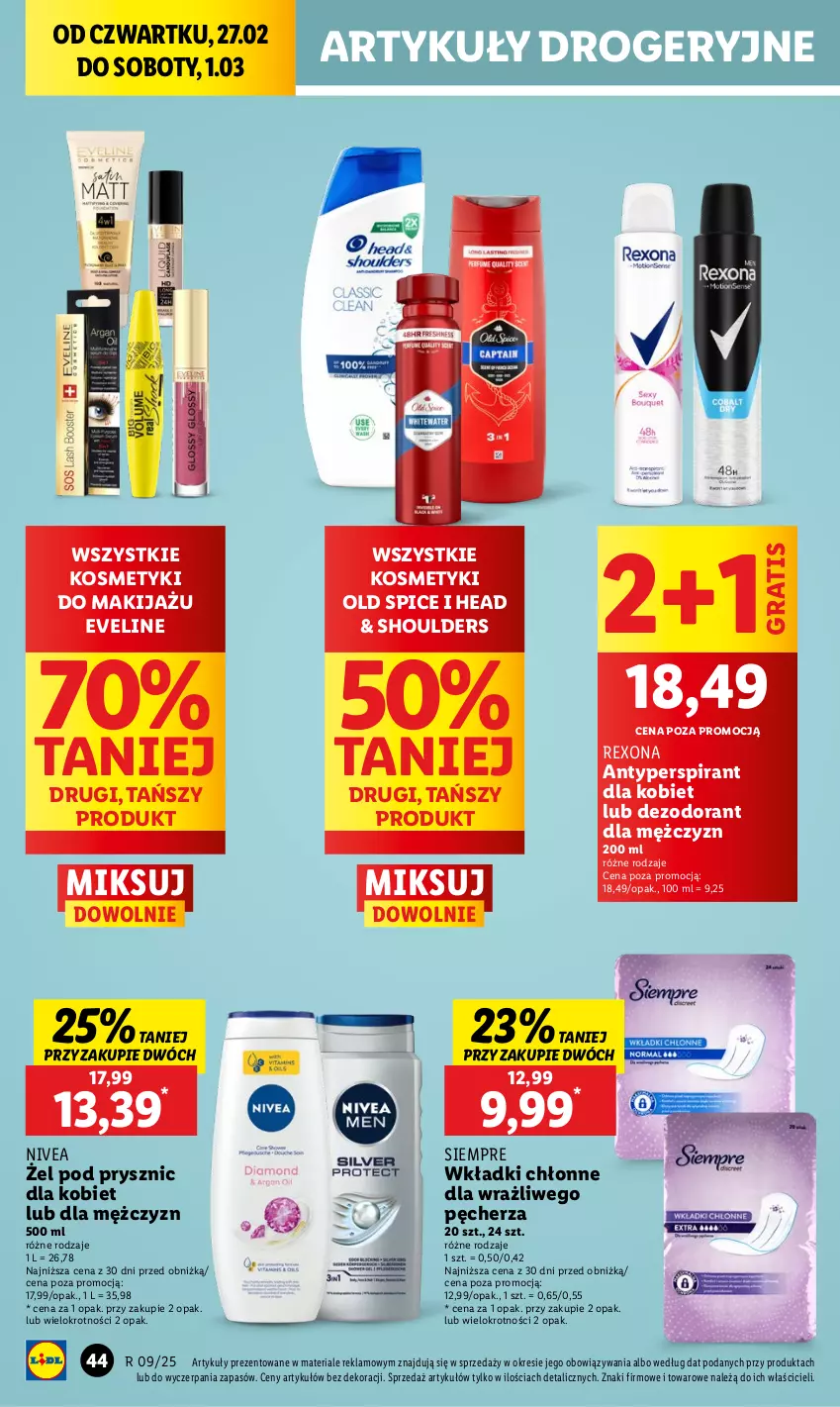 Gazetka promocyjna Lidl - GAZETKA - ważna 27.02 do 01.03.2025 - strona 50 - produkty: Antyperspirant, Dezodorant, Eveline, Gra, Makijaż, Nivea, Old Spice, Rexona, Wkładki