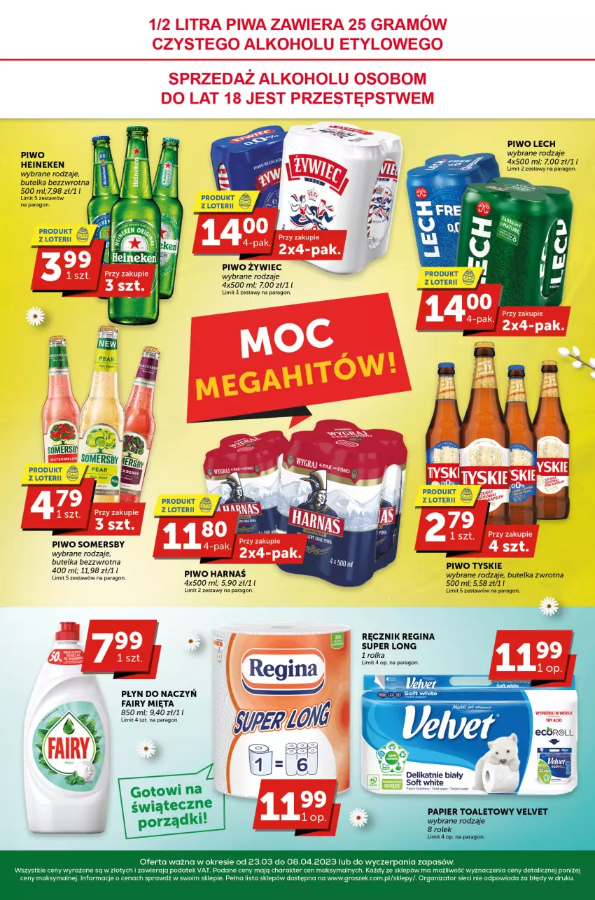 Gazetka promocyjna Groszek - ważna 23.03 do 08.04.2023 - strona 8 - produkty: Acer, Fa, Fairy, Gin, Groszek, Harnaś, Heineken, Mięta, Piwo, Ręcznik, Somersby, Tyskie