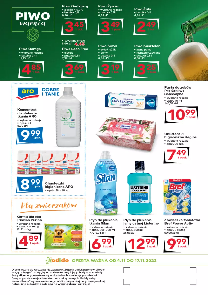 Gazetka promocyjna Odido - Gazetka - ważna 04.11 do 17.11.2022 - strona 8 - produkty: Bref, Carlsberg, Chusteczki, Fa, Friskies, Gin, Kaki, Kasztelan, Kozel, Listerine, Piwo, Płyn do płukania, Płyn do płukania jamy ustnej, Pur, Purina, Sensodyne, Silan