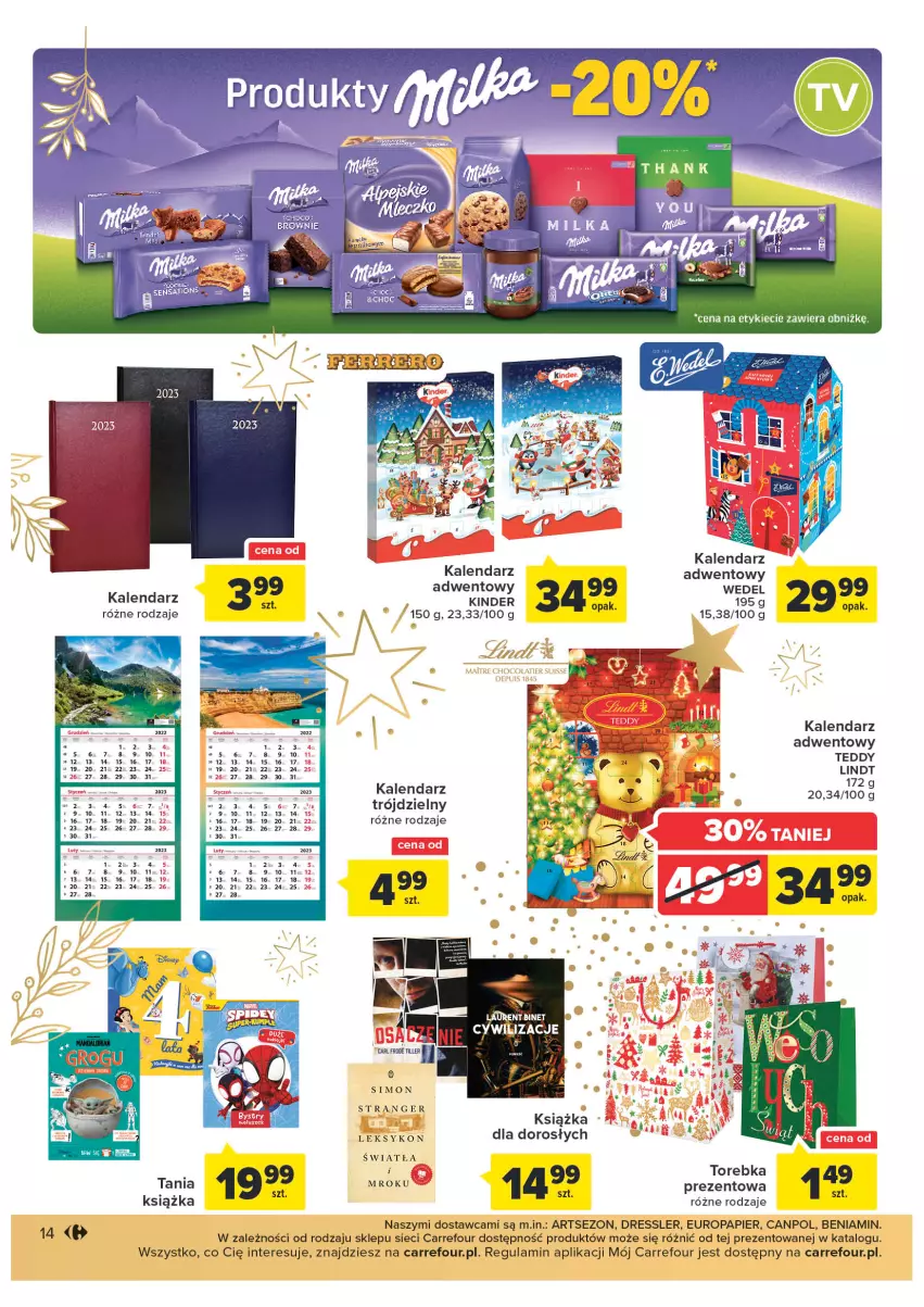 Gazetka promocyjna Carrefour - Gazetka Market - ważna 08.11 do 19.11.2022 - strona 16 - produkty: Canpol, Dres, Kalendarz, Kalendarz adwentowy, Kinder, Książka, Lindt, Papier, Torebka, Tran