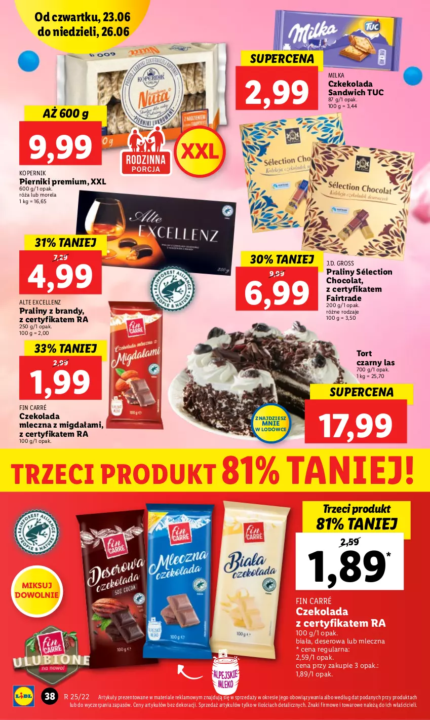 Gazetka promocyjna Lidl - GAZETKA - ważna 23.06 do 26.06.2022 - strona 38 - produkty: Brandy, Czekolada, Czekolada mleczna, Deser, Fa, Milka, Morela, Piernik, Praliny, Róża, Ser