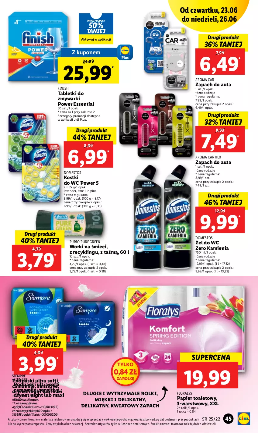 Gazetka promocyjna Lidl - GAZETKA - ważna 23.06 do 26.06.2022 - strona 45 - produkty: Domestos, Finish, Flora, Papier, Papier toaletowy, Podpaski, Pur, Rolki, Tablet, Tabletki do zmywarki, Worki na śmiec, Worki na śmieci, Zmywarki