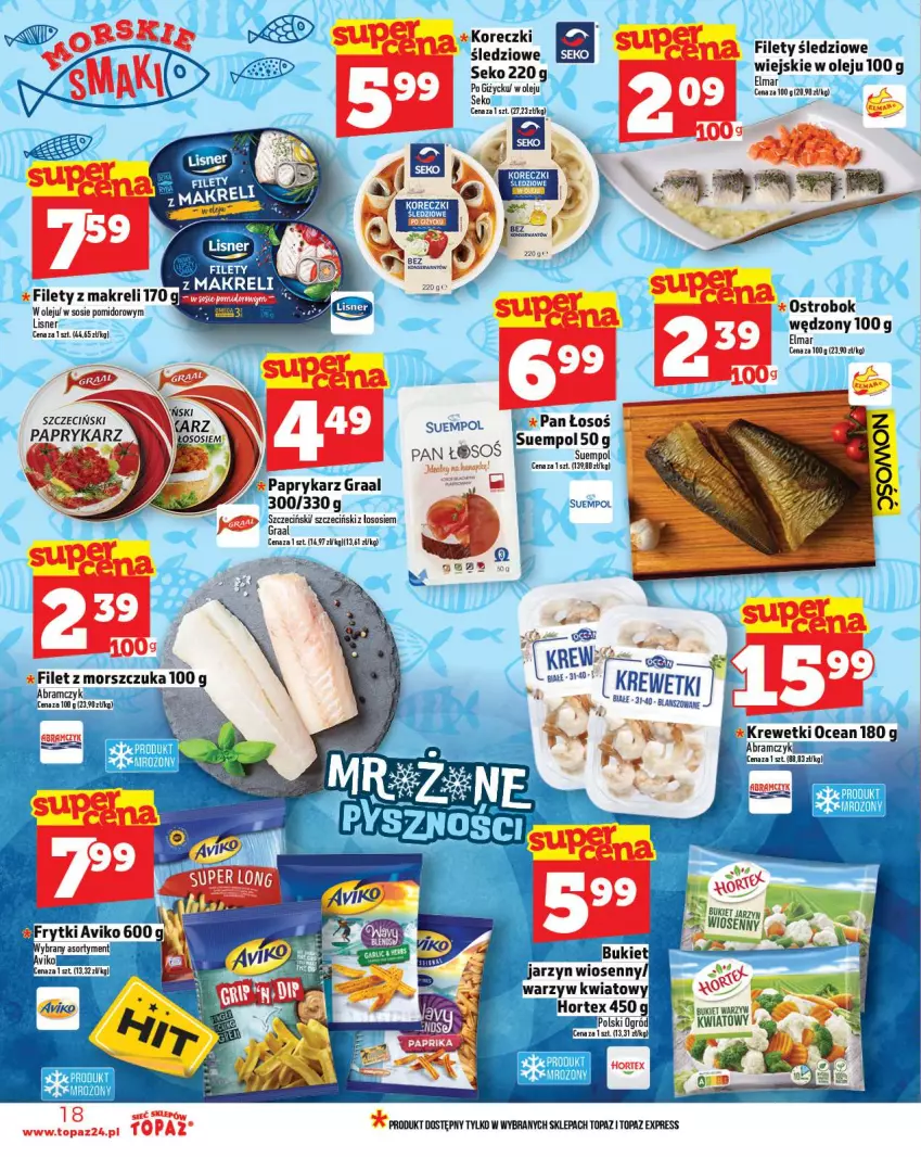 Gazetka promocyjna Topaz - Gazetka - ważna 16.10 do 12.10.2025 - strona 18 - produkty: Bukiet, Filet z morszczuka, Frytki, Gra, Graal, Hortex, Krewetki, Lisner, Ogród, Olej, Papryka, Paprykarz, SEKO, Sos, Suempol, Top
