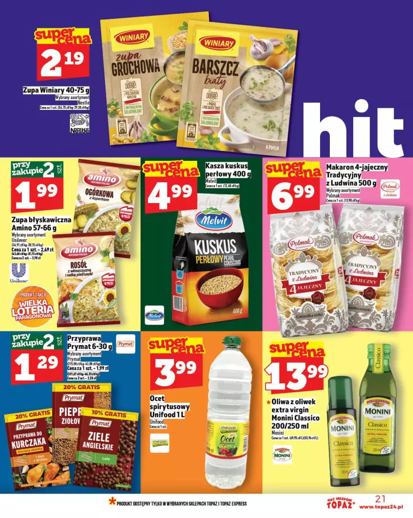 Gazetka promocyjna Topaz - Gazetka - ważna 16.10 do 12.10.2025 - strona 21 - produkty: Gin, Kuskus, Makaron, Monini, Ocet, Oliwa z oliwek, Olma, Rosół, Top, Zupa