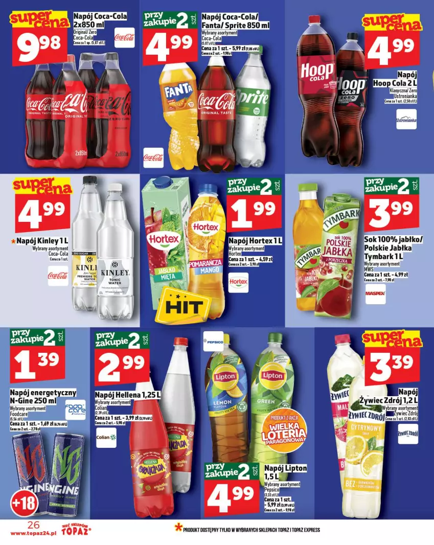 Gazetka promocyjna Topaz - Gazetka - ważna 16.10 do 12.10.2025 - strona 26 - produkty: Coca-Cola, Fa, Fanta, Gin, Hellena, Hoop, Jabłka, Napój, Napój energetyczny, Sok, Sprite, Top, Tymbark