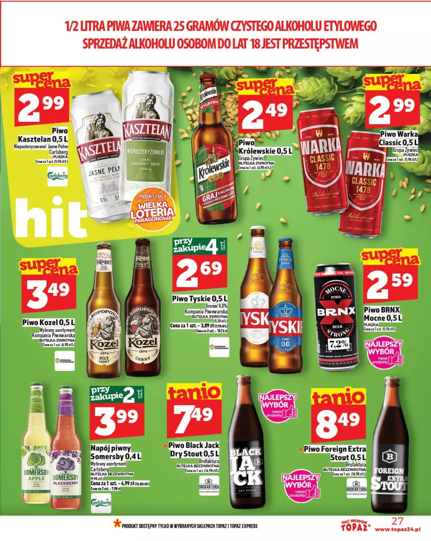 Gazetka promocyjna Topaz - Gazetka - ważna 16.10 do 12.10.2025 - strona 27 - produkty: Carlsberg, Fa, Gra, Kasztelan, Kozel, Królewski, Lack, Napój, Pax, Piwa, Piwo, Somersby, Top, Tyskie, Warka