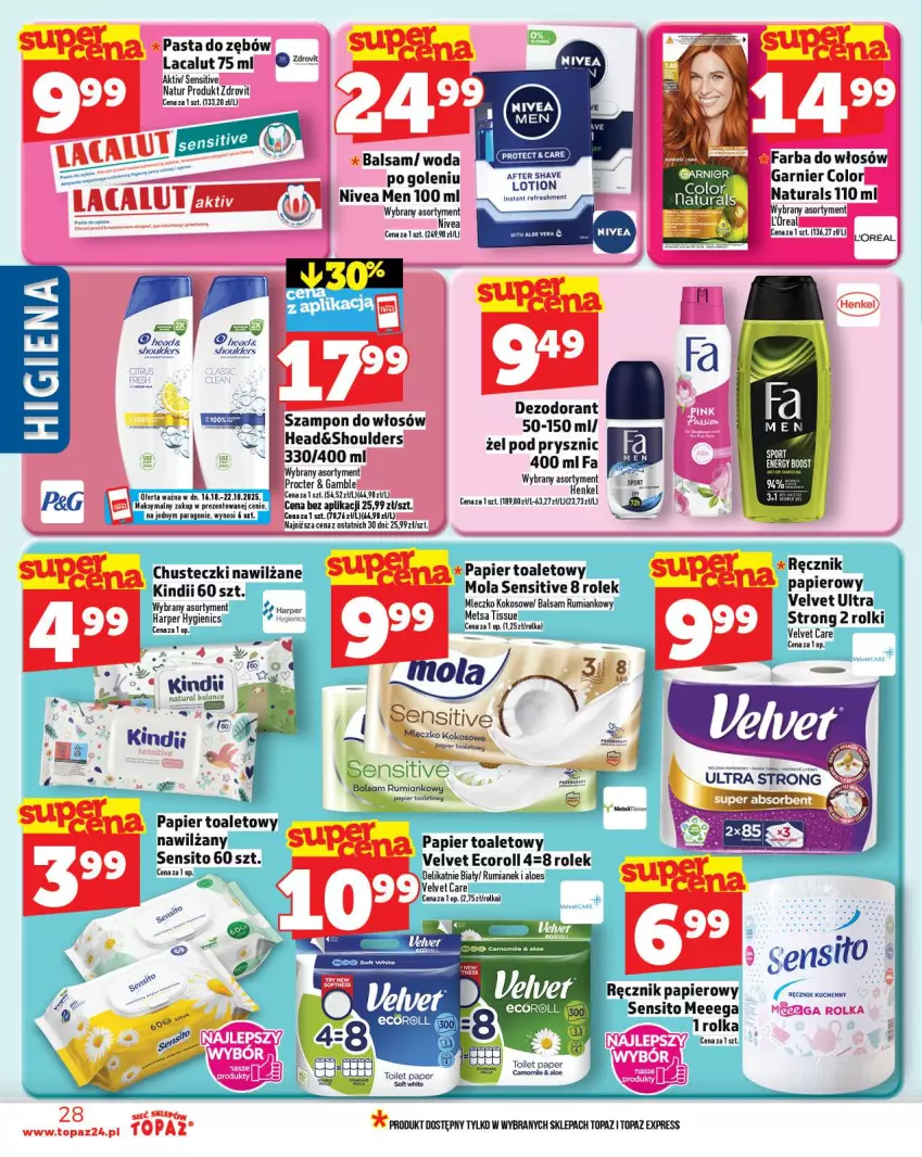Gazetka promocyjna Topaz - Gazetka - ważna 16.10 do 12.10.2025 - strona 28 - produkty: Dezodorant, Fa, Farba do włosów, Garnier, Kokos, Lacalut, Mleczko, Nivea, Nivea Men, Pasta do zębów, Szampon, Top, Woda