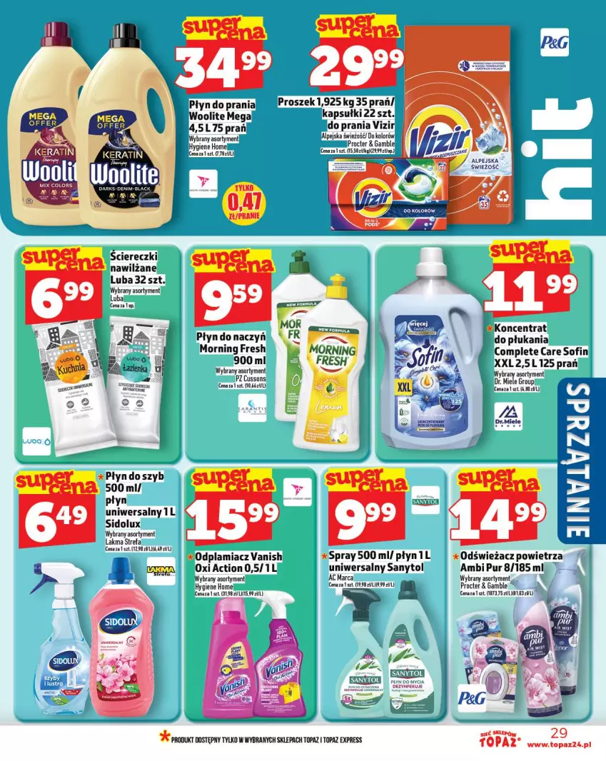 Gazetka promocyjna Topaz - Gazetka - ważna 16.10 do 12.10.2025 - strona 29 - produkty: Ambi Pur, Fa, Odplamiacz, Odświeżacz powietrza, Płyn do mycia, Płyn do prania, Płyn do szyb, Pur, Sanytol, Sidolux, Top, Vanish, Vizir, Woolite