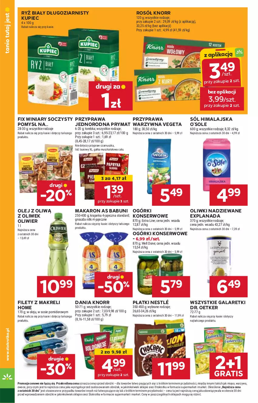 Gazetka promocyjna Stokrotka - Market - ważna 22.08 do 28.08.2024 - strona 14 - produkty: Babuni, Dr. Oetker, Gala, Galaretki, Gra, HP, Knorr, Kupiec, LANA, Makaron, Nestlé, Ogórki konserwowe, Olej, Oliwki, Piec, Prymat, Rosół, Ryż, Ryż biały, Ser, Sól, Sól himalajska, Vegeta, Winiary