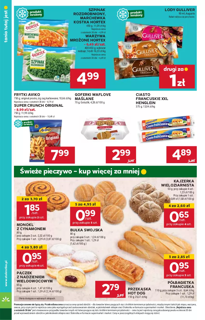 Gazetka promocyjna Stokrotka - Market - ważna 22.08 do 28.08.2024 - strona 18 - produkty: Bagietka, Bułka, Ciasto francuskie, Frytki, Gin, Hortex, Hot dog, HP, Kajzerka, Lody, Marchewka, Pączek, Piec, Pieczywo, Półbagietka, Szpinak, Warzywa